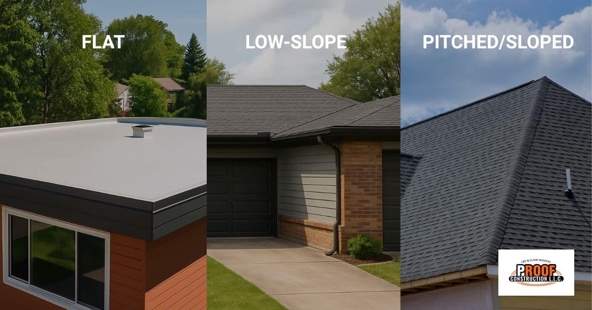 Different types of roofing systems: flat roof, low-slop roof, and sloped roof