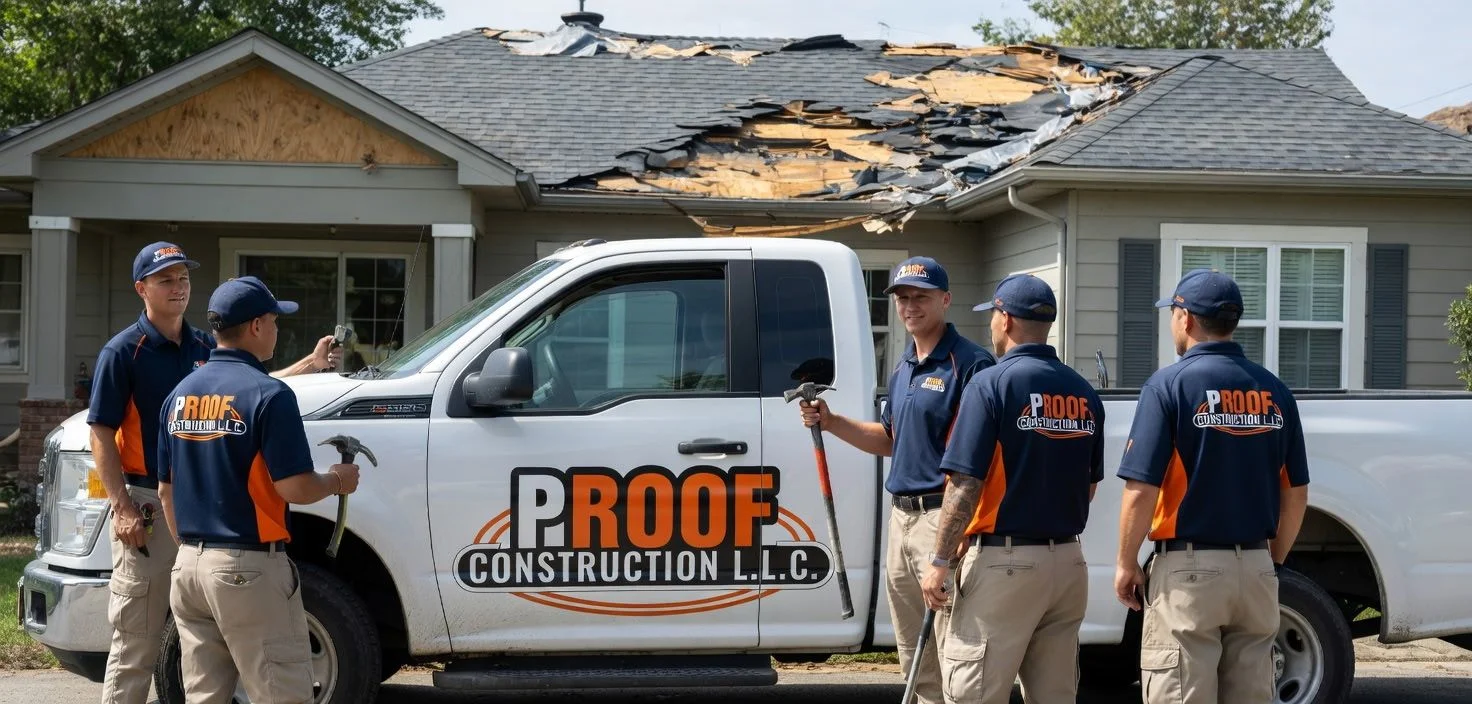 Proof Construction crew on site - 5-man team with branded truck