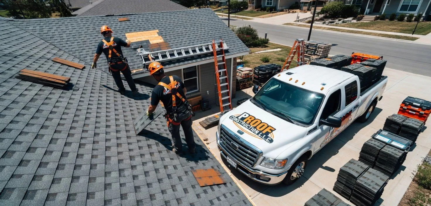 Proof Construction roofers with equipment