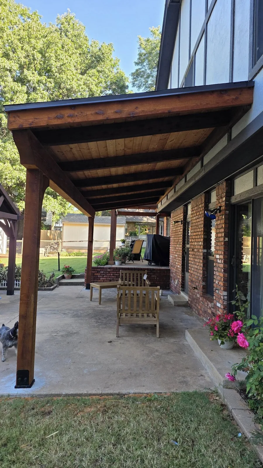 A dog stands on a patio under a wooden pergola next to a brick house.