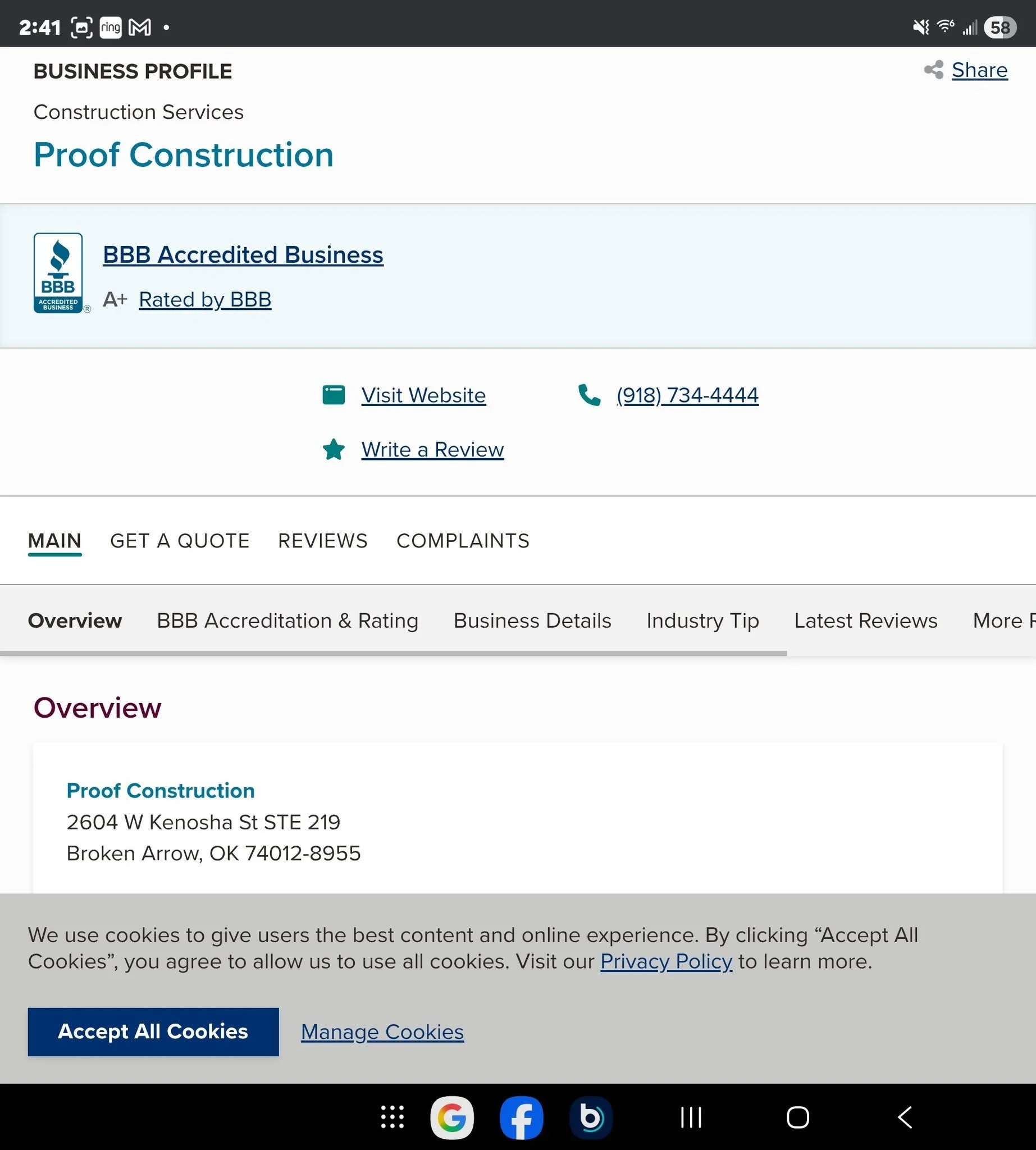 Proof Construction, a BBB accredited business, is shown on a webpage with its address and contact information.