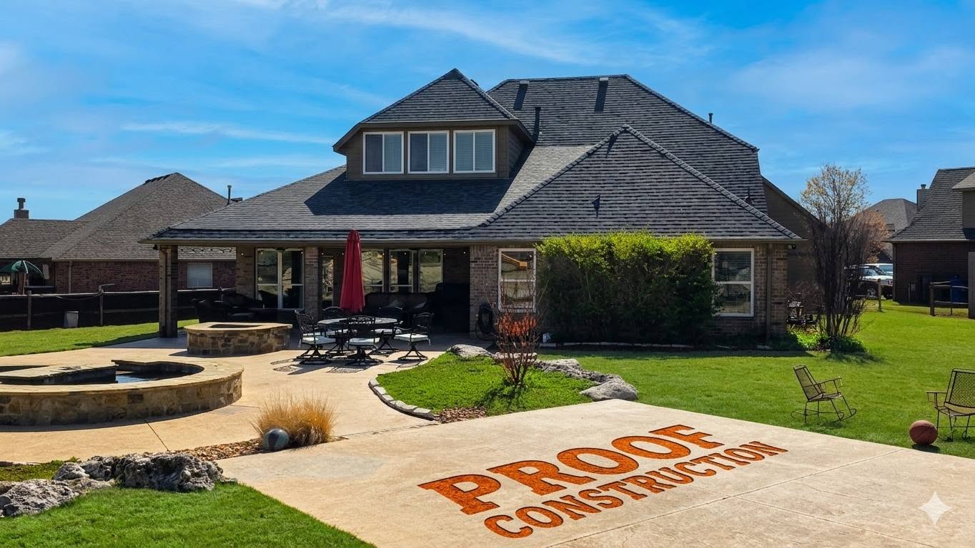 A backyard with a patio, fire pit, and "PROOF CONSTRUCTION" painted on the driveway.
