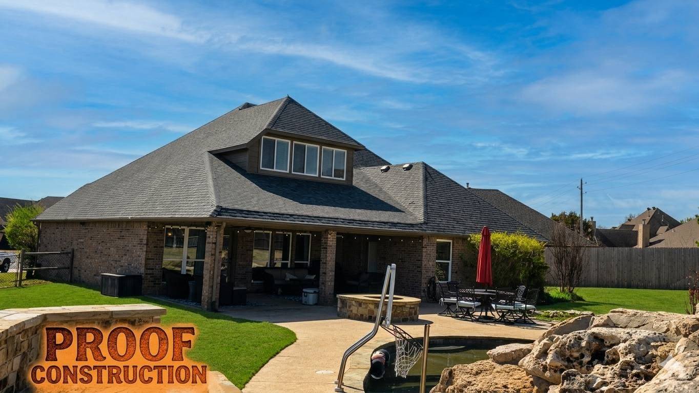 A backyard with a pool, patio, and fire pit is shown.