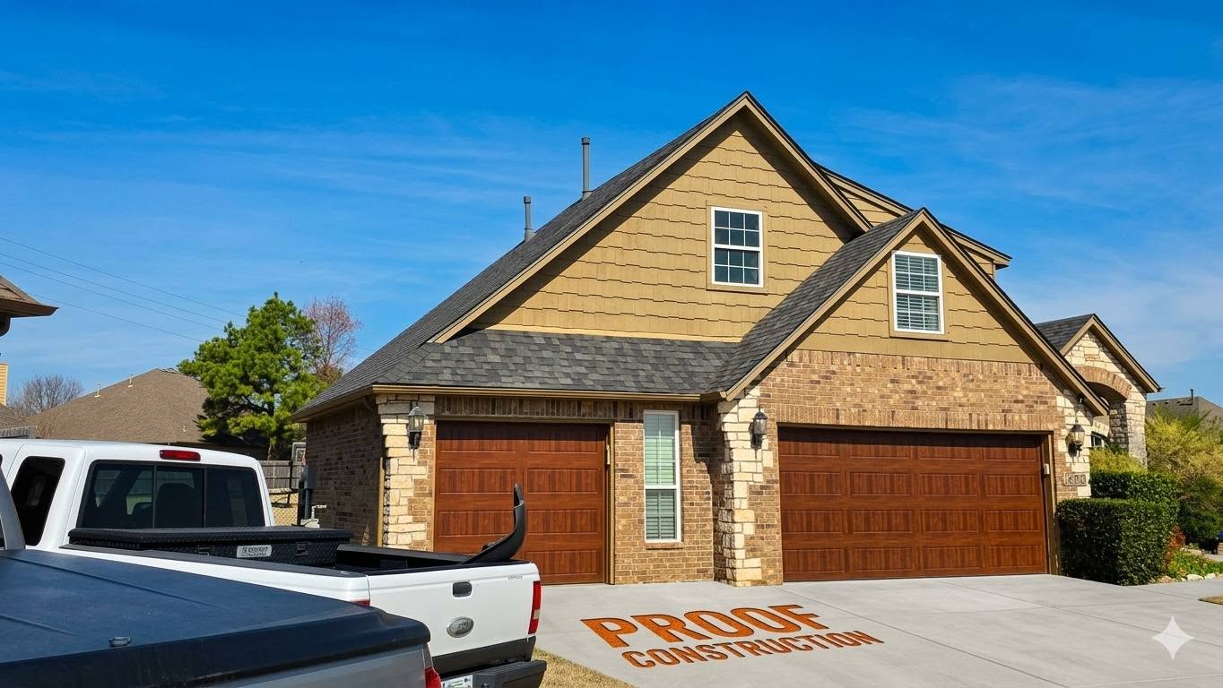 A house with a two-car garage and a white pickup truck in the driveway.