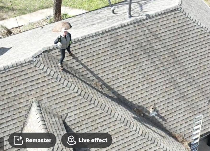 A person stands on a shingled roof near a chimney and a ladder.