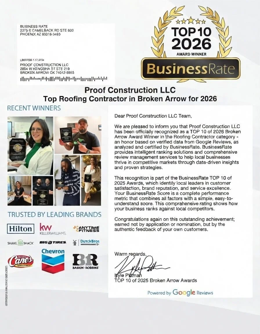 Proof Construction LLC is recognized as a Top 10 Roofing Contractor in Broken Arrow for 2026.