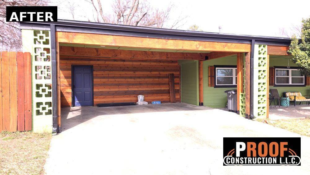 A newly renovated carport with wood paneling and decorative concrete blocks.