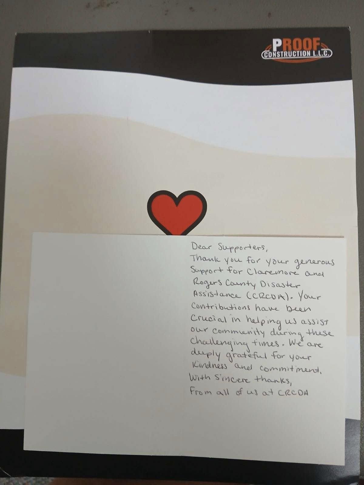 A handwritten thank you note from CRCOA is shown with a heart graphic.