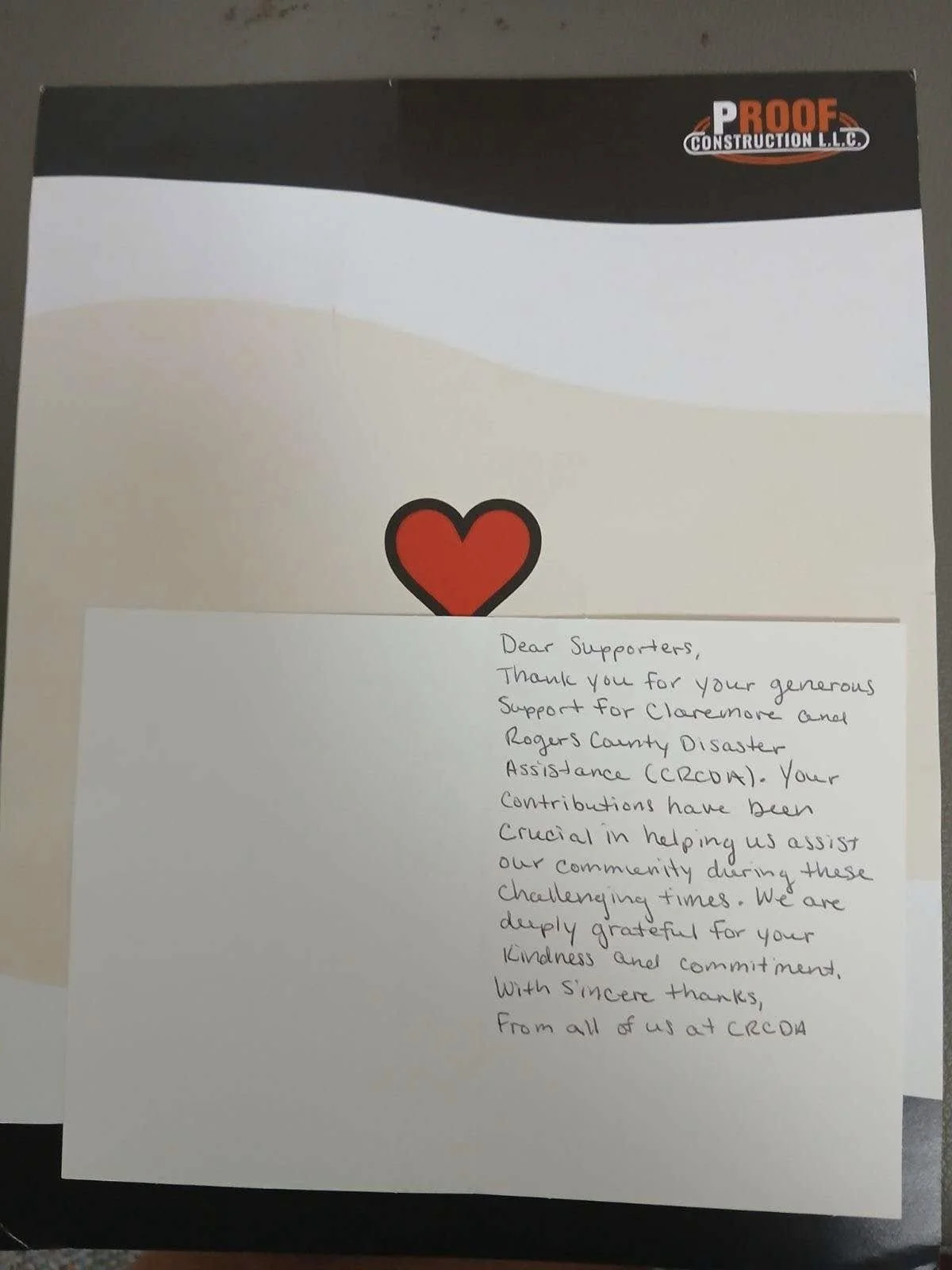 A handwritten thank you note from CRCOA is shown with a heart graphic.