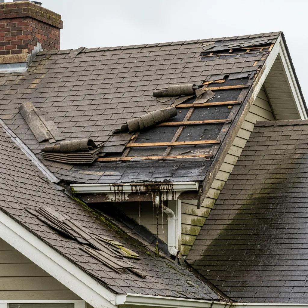 Close-up of a damaged roof showing missing shingles and water stains