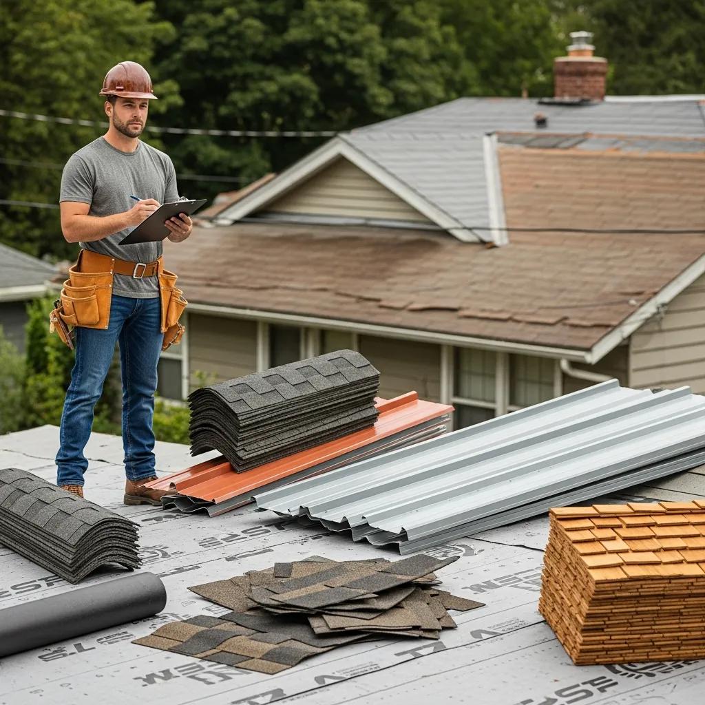 Construction worker assessing roofing materials in a residential setting