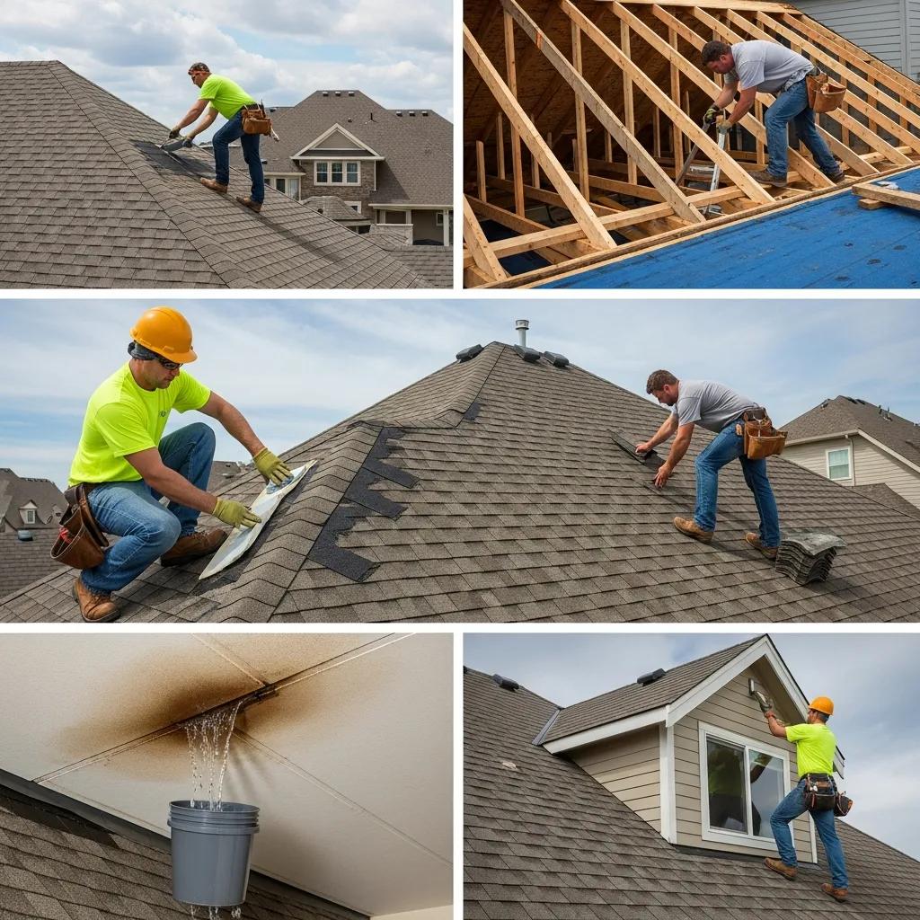 Contractor performing various types of roof repairs including leak fixing and shingle replacement