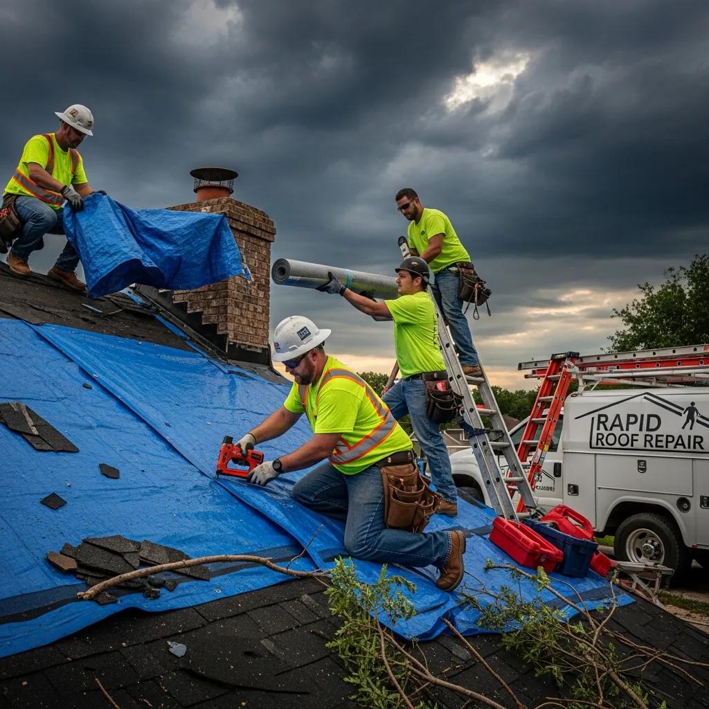 Contractors providing emergency roofing solutions during a storm