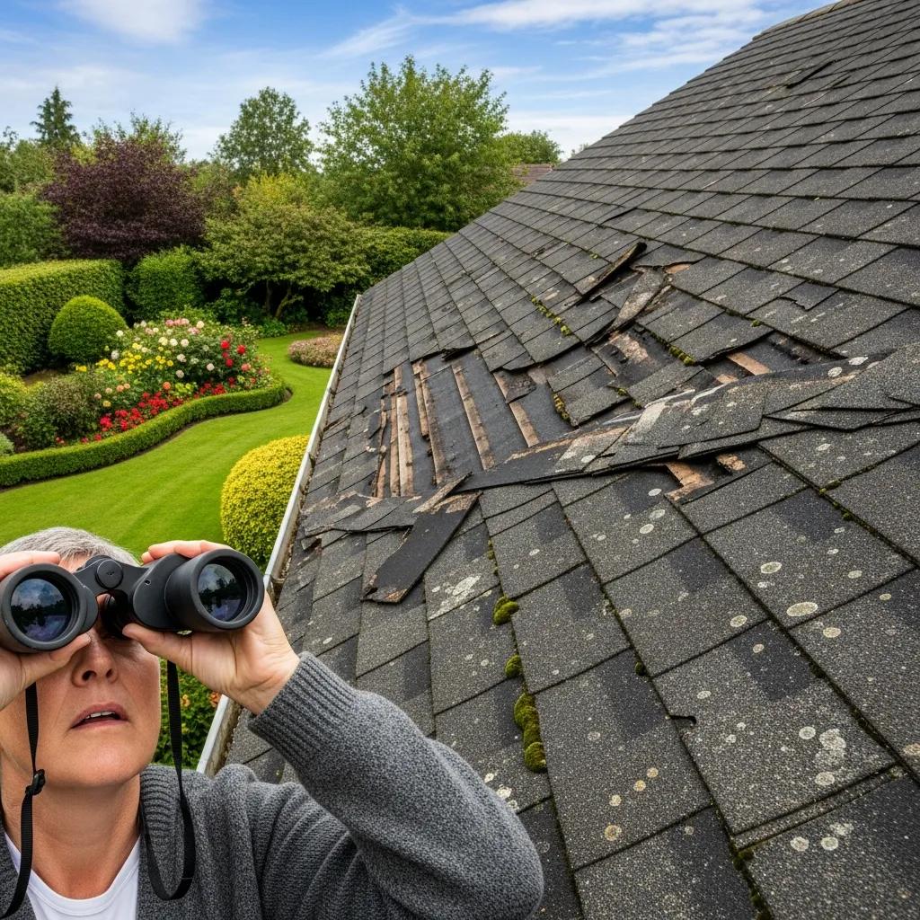 Homeowner inspecting roof for damage using binoculars, emphasizing the importance of early detection