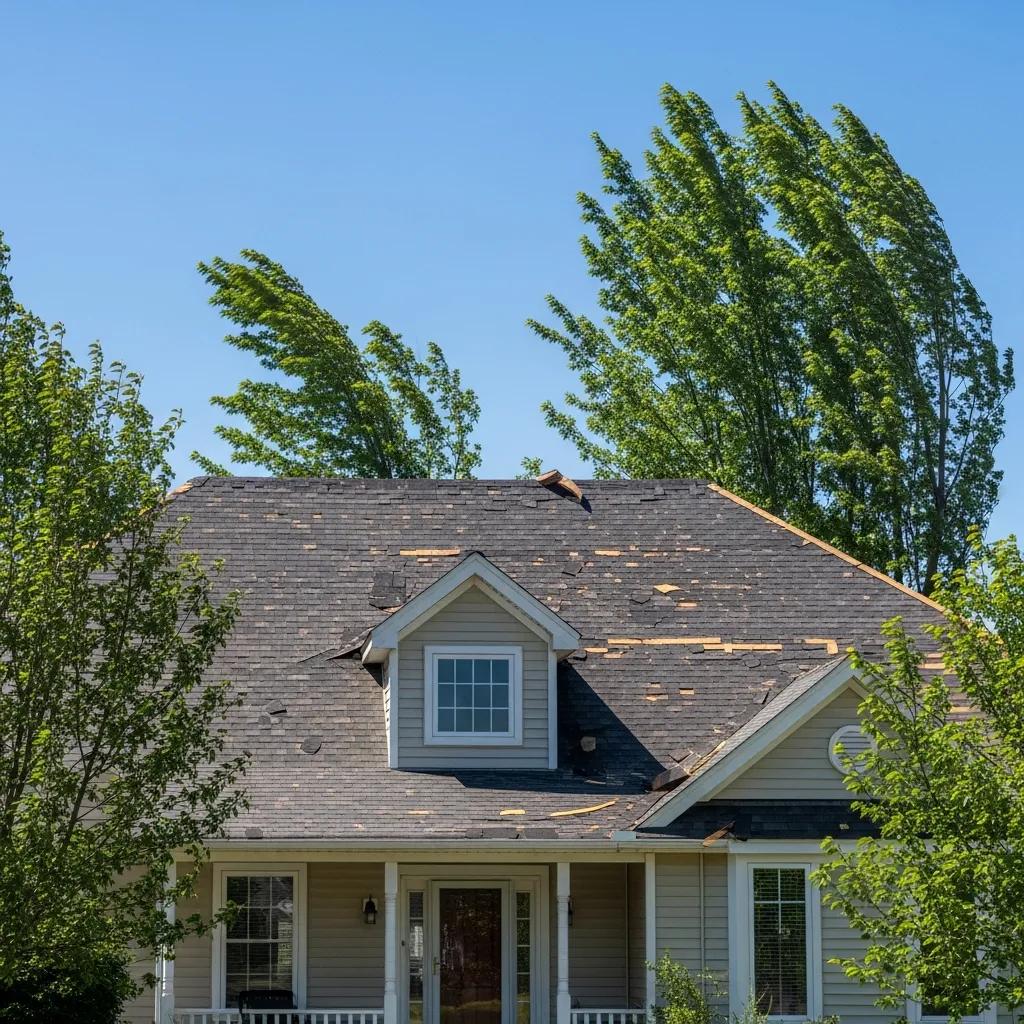 House with wind-damaged roof highlighting the need for roofing solutions