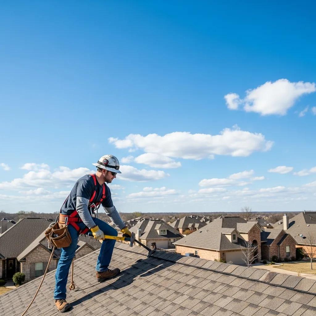 Professional roofer inspecting a residential roof in Claremore, Oklahoma, highlighting quality roofing services