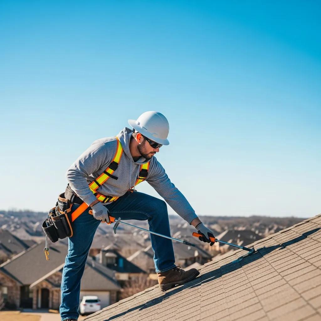 Professional roofer inspecting a residential roof in Glenpool, Oklahoma, highlighting roofing services