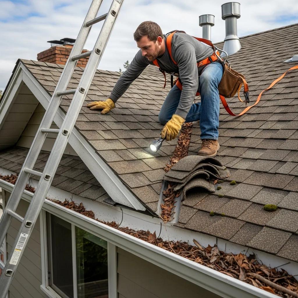 Professional roofer inspecting shingles and gutters for preventive maintenance