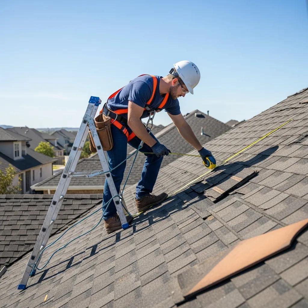 Professional roofer inspecting wind-damaged roof for repairs
