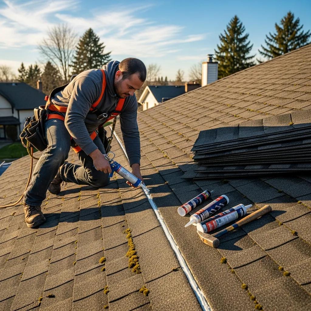 Professional roofer repairing a roof with shingles and sealants