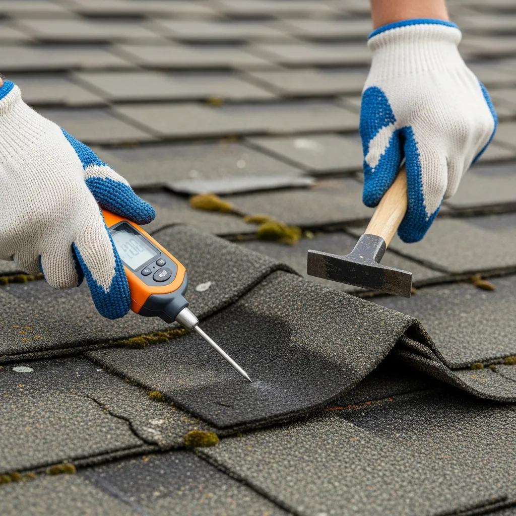 Roof inspector using tools to assess roof damage during a certified inspection