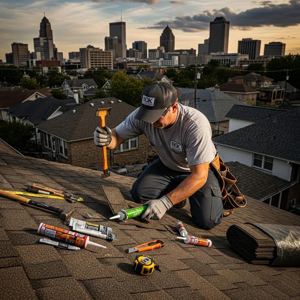 Roofer repairing a roof leak on a residential home in Downtown Tulsa