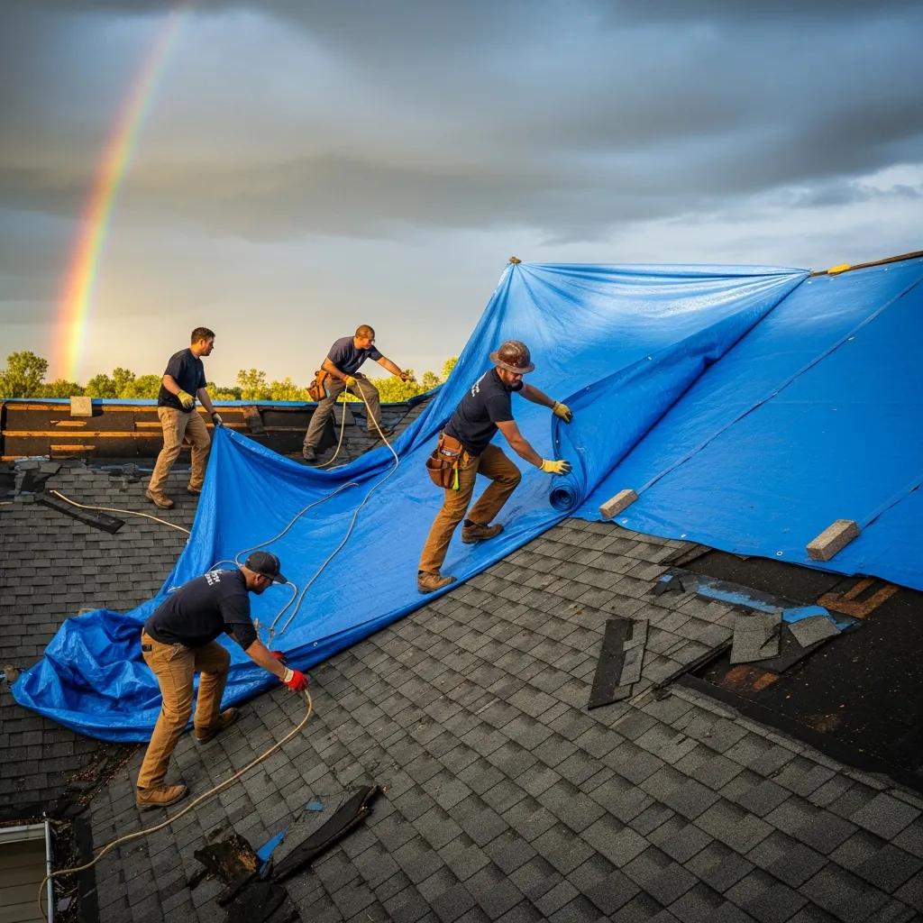 Roofers applying tarp to protect home from further storm damage