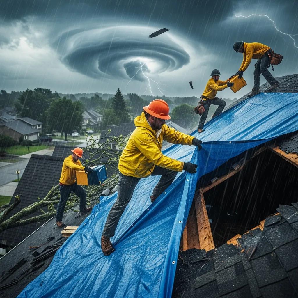 Roofers providing emergency services by tarping a damaged roof during a storm, highlighting urgent roofing solutions