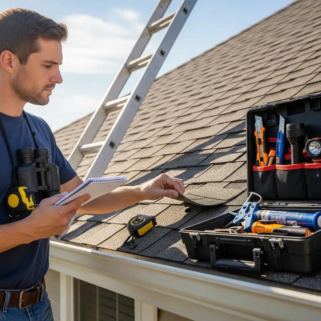 Roofing professional inspecting shingles and gutters for maintenance