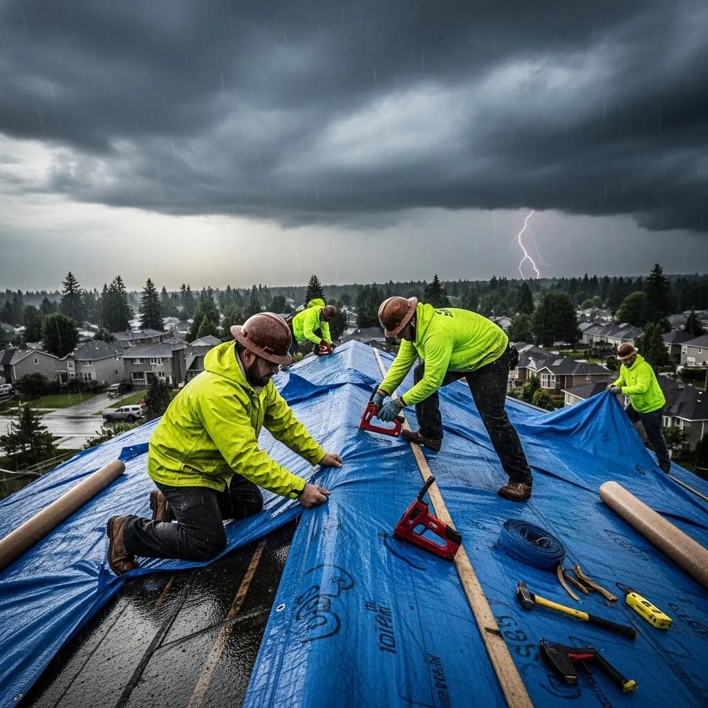 Roofing team applying a temporary tarp during a storm, highlighting emergency roofing services