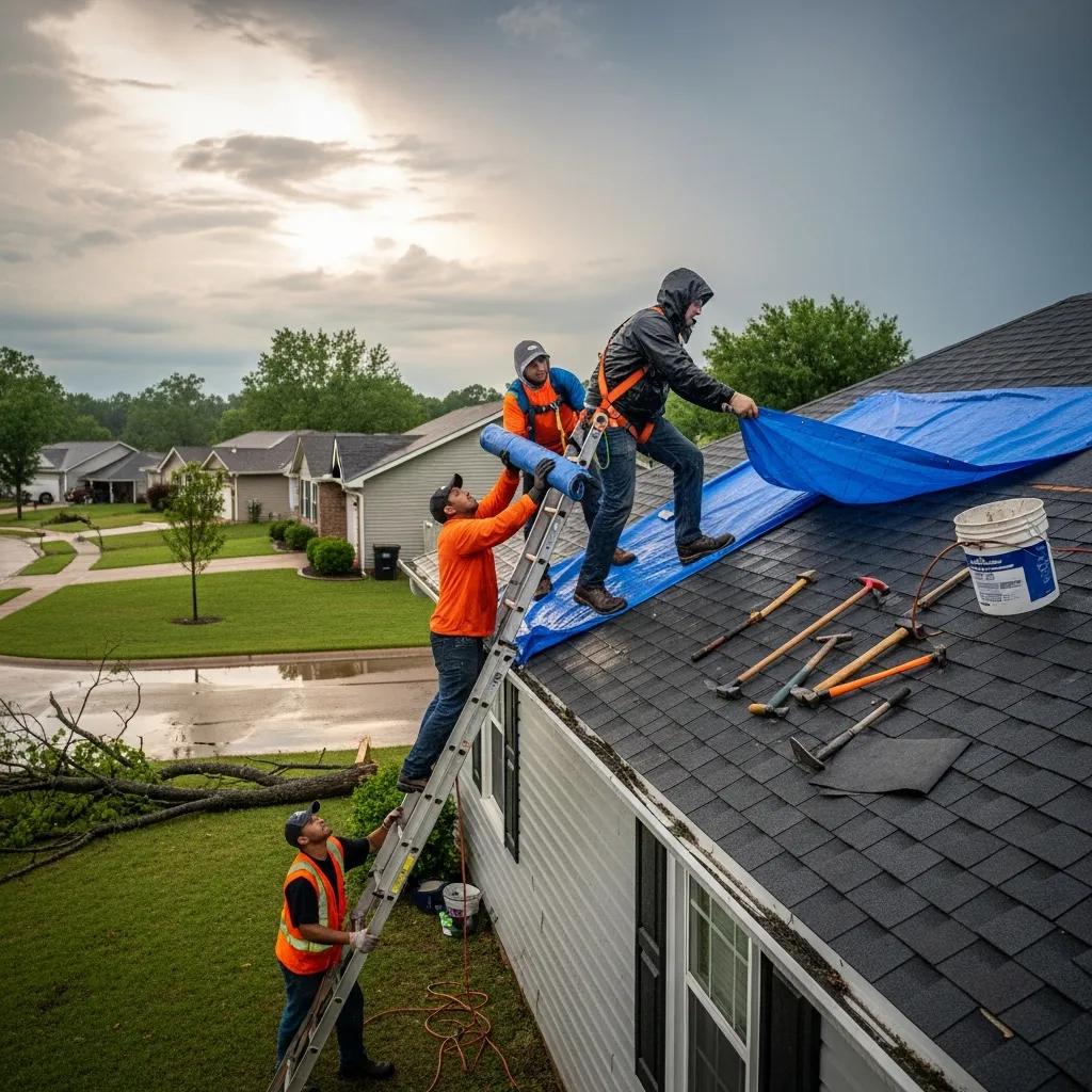 Roofing team conducting emergency repairs on a house in Catoosa after a storm, emphasizing urgent roof repair services