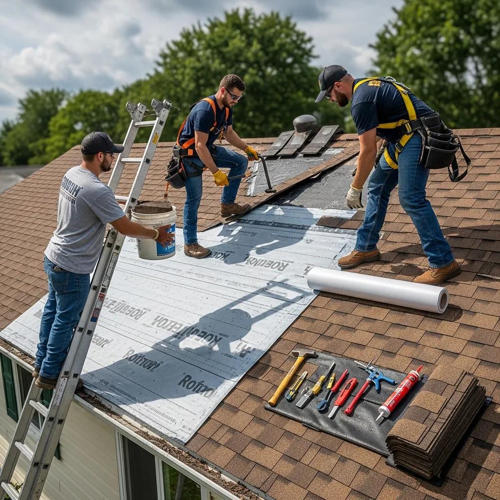 Roofing team repairing a roof leak with high-quality materials