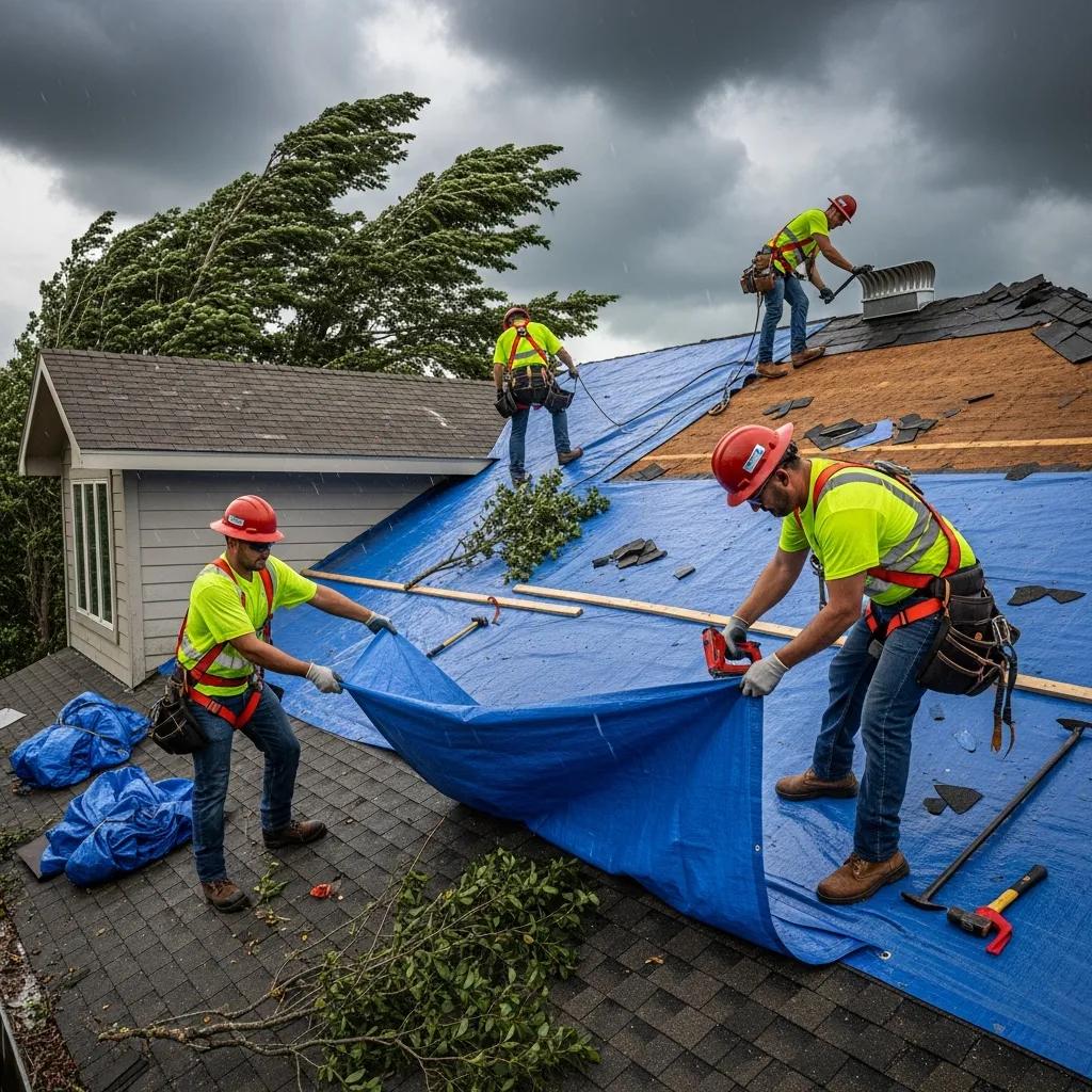 Roofing team responding to an emergency storm damage repair