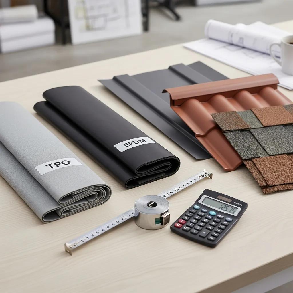 Samples of TPO, EPDM, and metal roofing materials for commercial roofing pricing