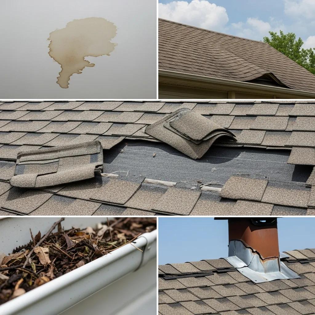 Signs of roof damage including missing shingles and water stains
