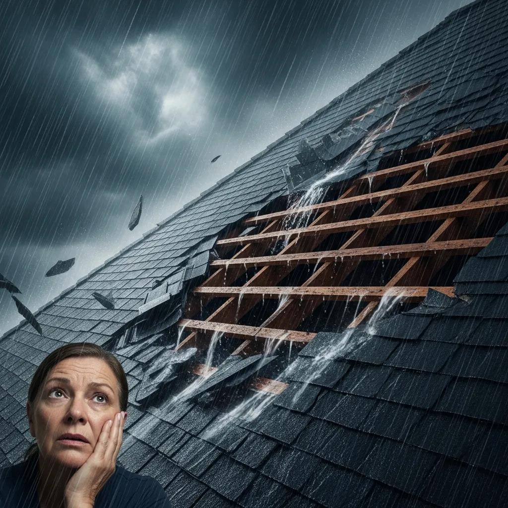 Stormy weather scene with a damaged roof and a concerned homeowner indicating the need for emergency repairs