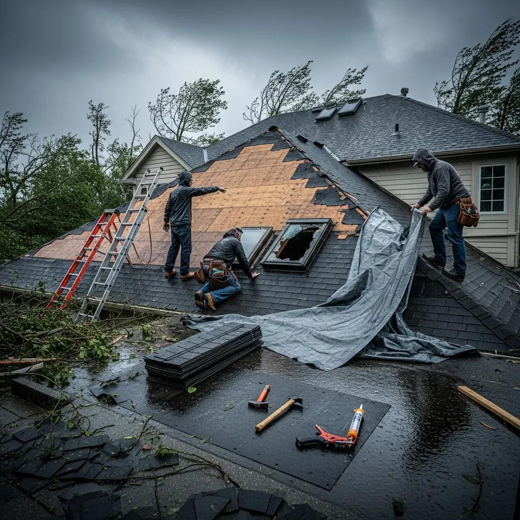 Team of roofers assessing damage for emergency roof repair after a storm