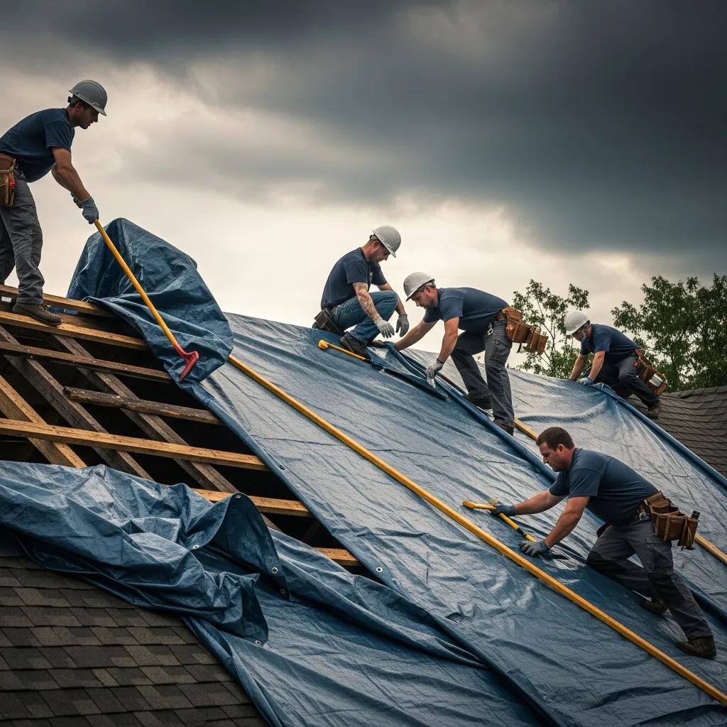 Team of roofers conducting emergency repairs on a storm-damaged roof