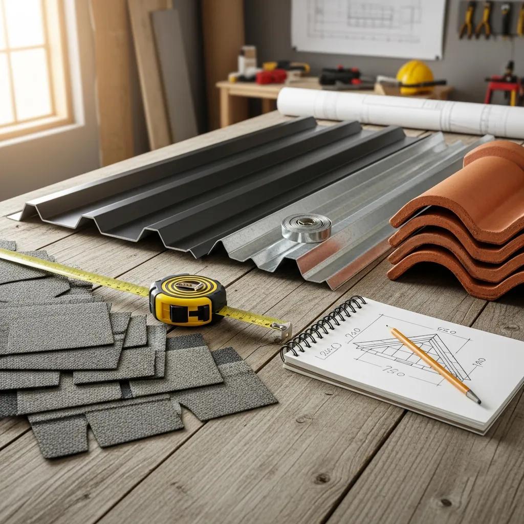 Variety of roofing materials including asphalt shingles and metal sheets, showcasing options for roof replacement in Catoosa