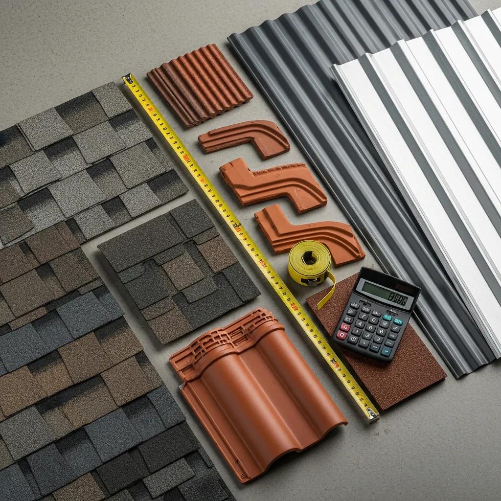 Various roofing materials including asphalt shingles, metal sheets, and tiles for roof replacement options